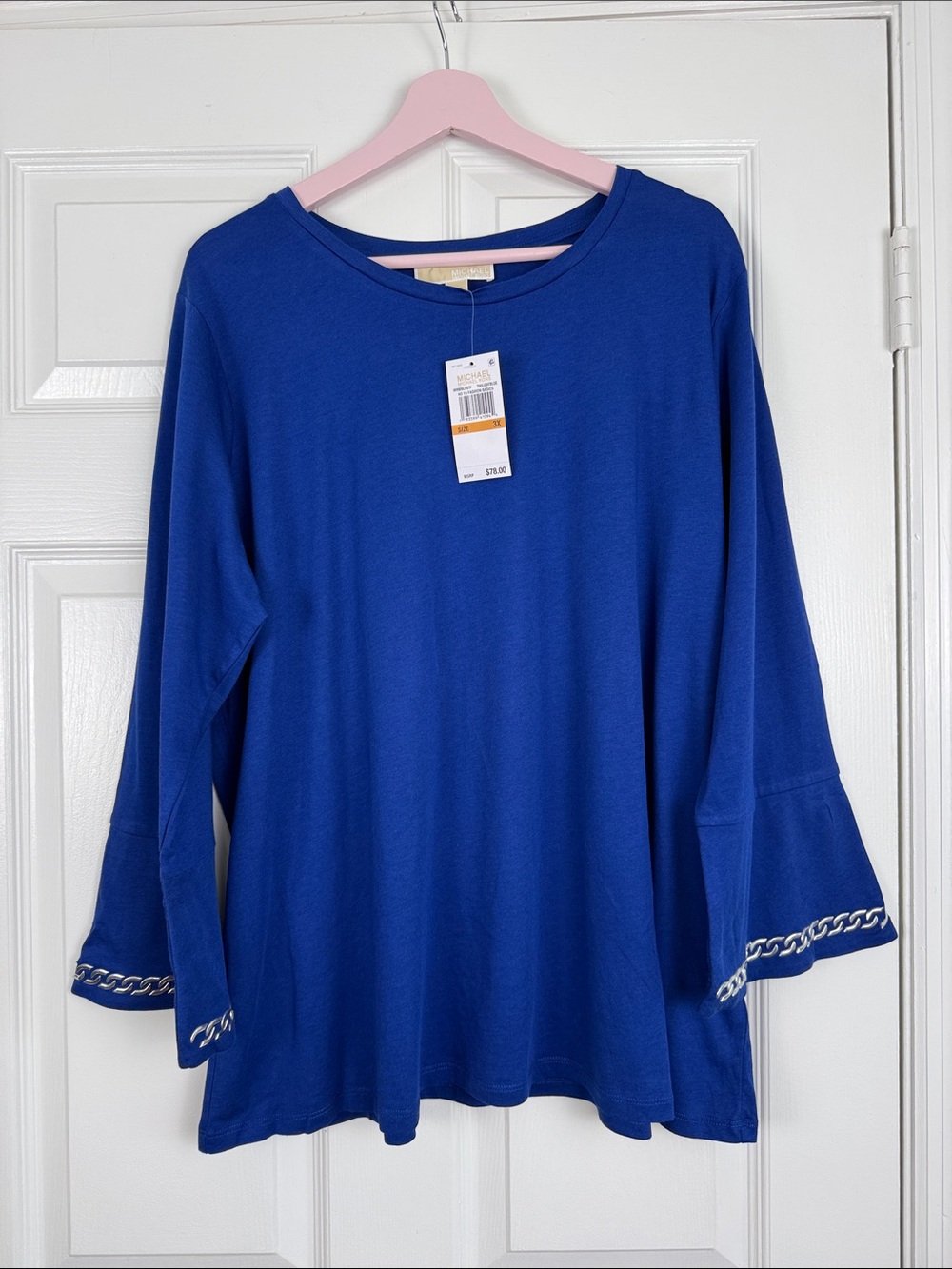 NWT Michael Kors Cobalt Blue Chain-Trim Bell Sleeve Tee Size 3X